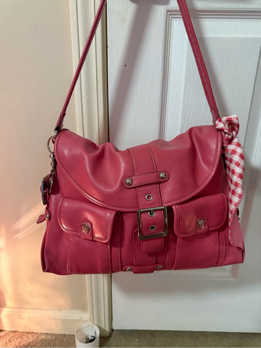 Kathy Van Zeeland Hot Pink Shoulder Bag with Front Pockets & Scarf